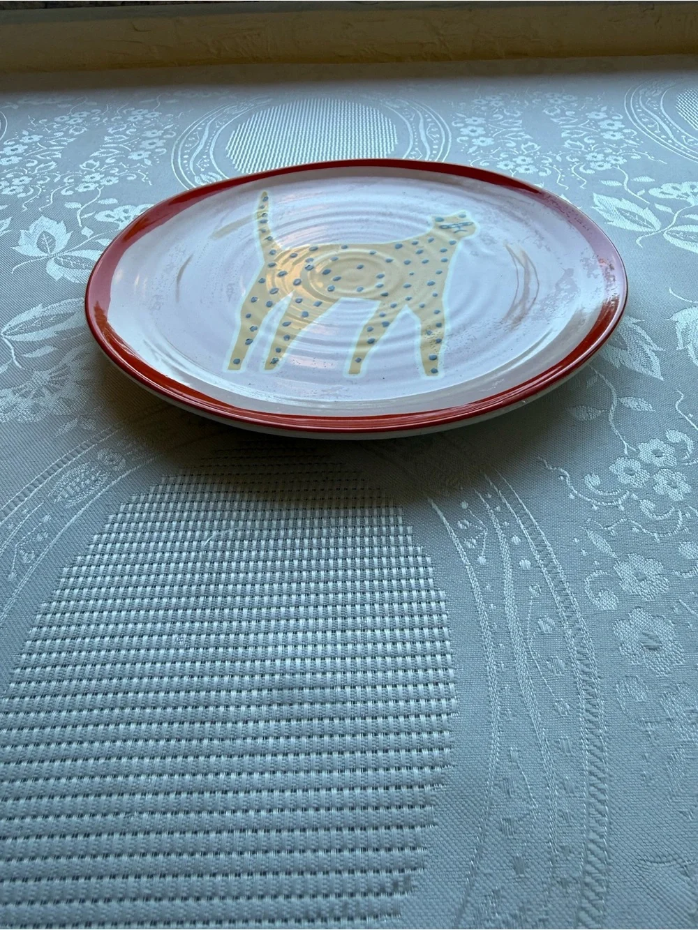 Anthropologie Marcello Velho Folksong Dessert Plate Cat Motif Pink/Orange Folk